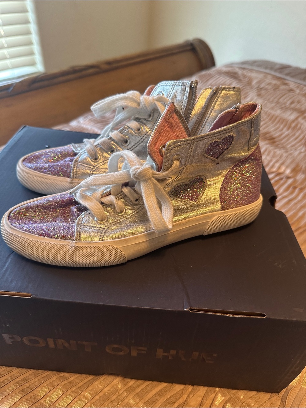 Kids Glitter High-Top Sneakers in Pink and Silver - Sparkle Hearts